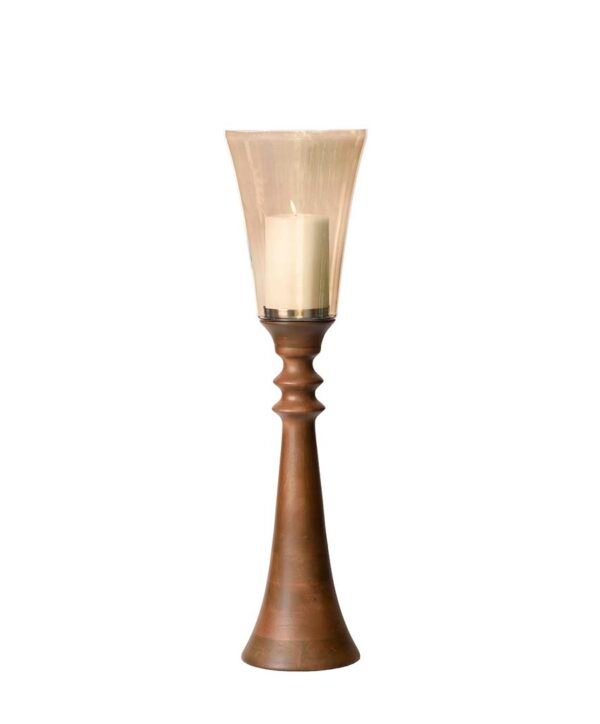 Candelabro de pie de madera y tulipa de vidrio grande