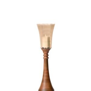 Candelabro de pie de madera y tulipa de vidrio mediano