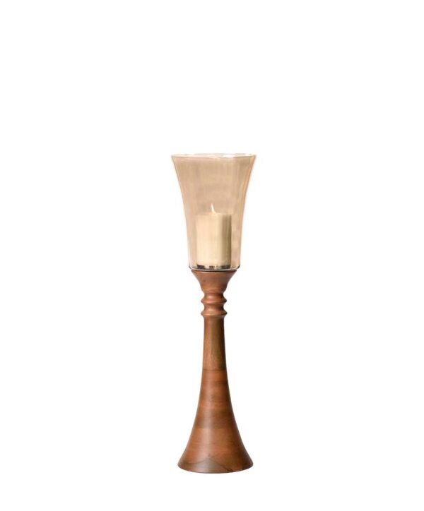 Candelabro de pie de madera y tulipa de vidrio mediano